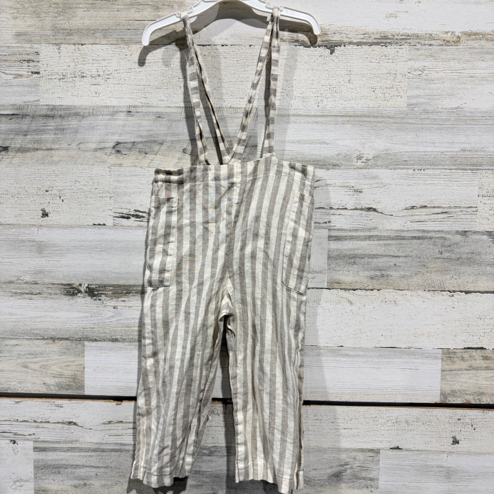 Fin & Vince Suspender Pants Kids 4/5 Tan Striped Linen Cottagecore GUC